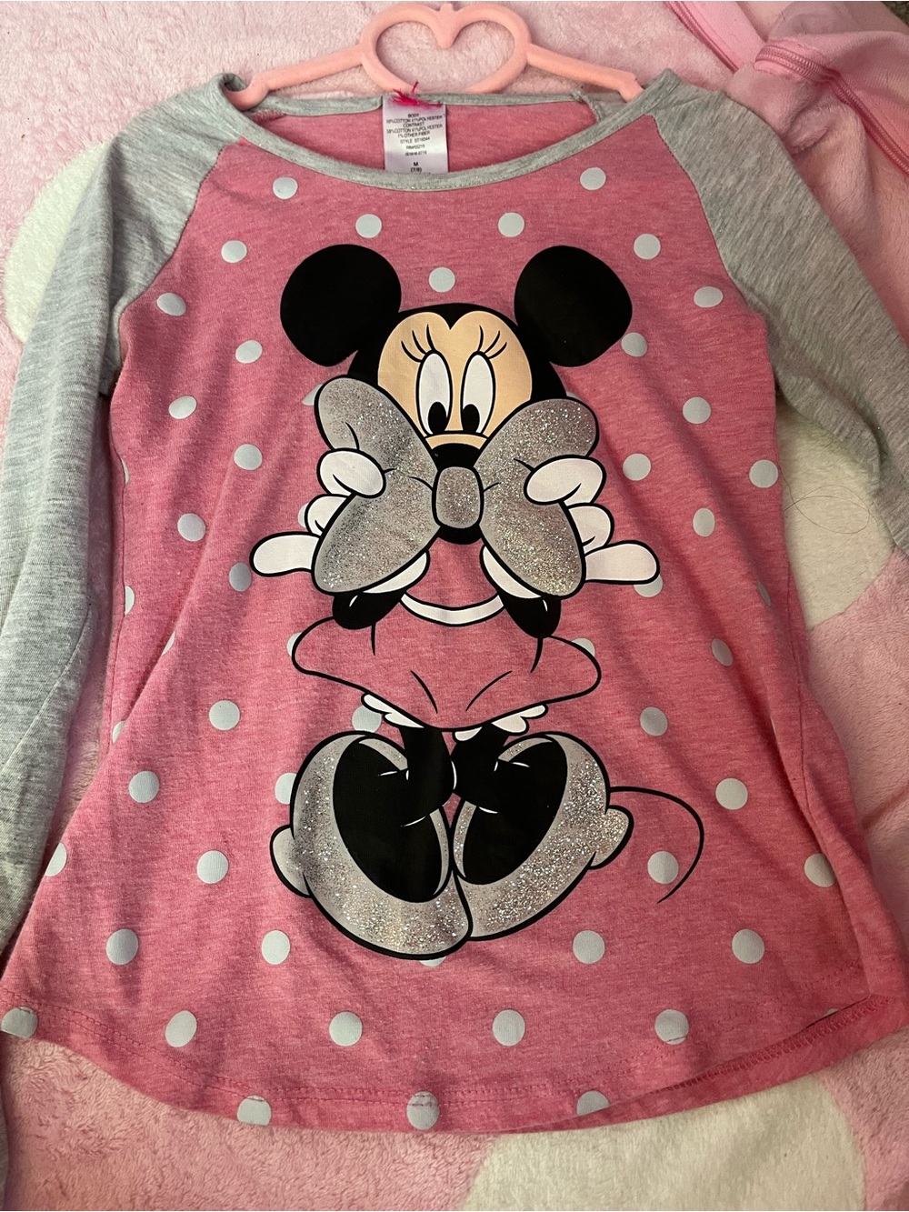 Disney Pink and Gray Minnie Mouse Polka Dot Raglan Top